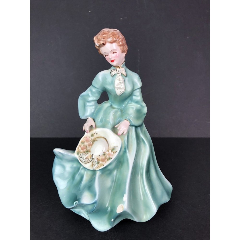Vintage Florence Porcelain Figurine Grace Green Dress Lady Pasadena CA 7 3/4"